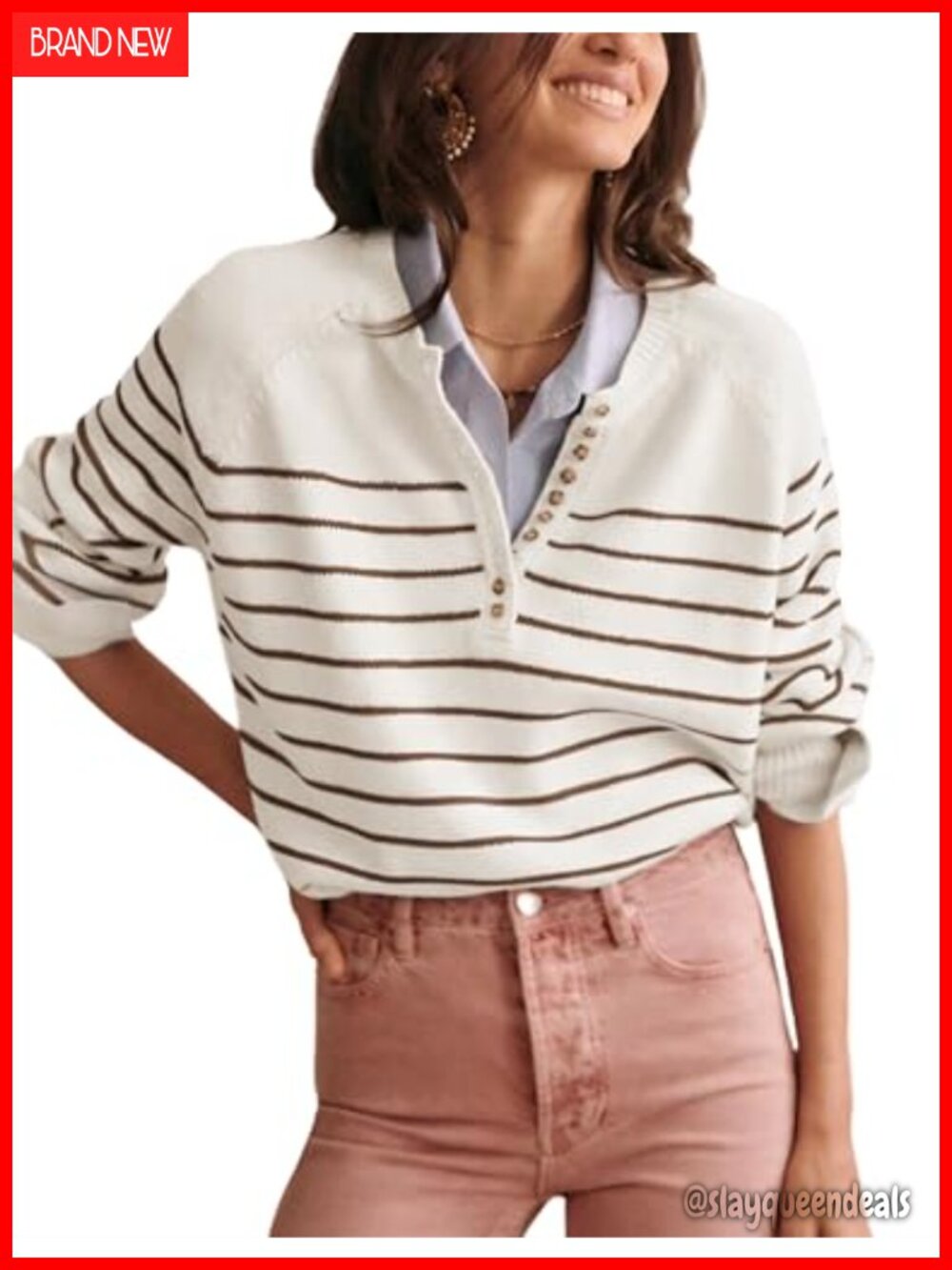 Women's Striped Button Up Crewneck Ribbed Knit Pullover Sweater